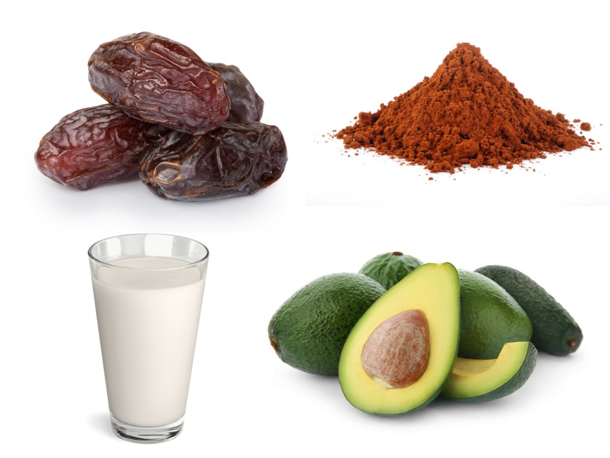 ingredients for chocolate mousse on white surface; milk, avocados, dates, cocoa. 
